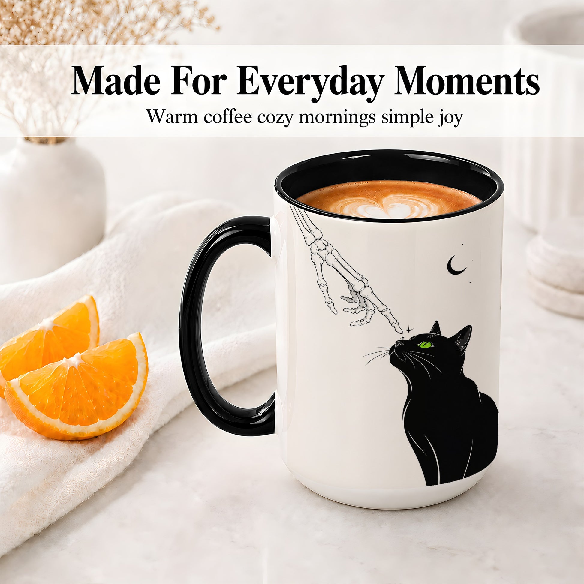 #pl[15oz|Black] Black Cat Skeleton Accent Mug, Ceramic Mug with Crescent Moon Artwork