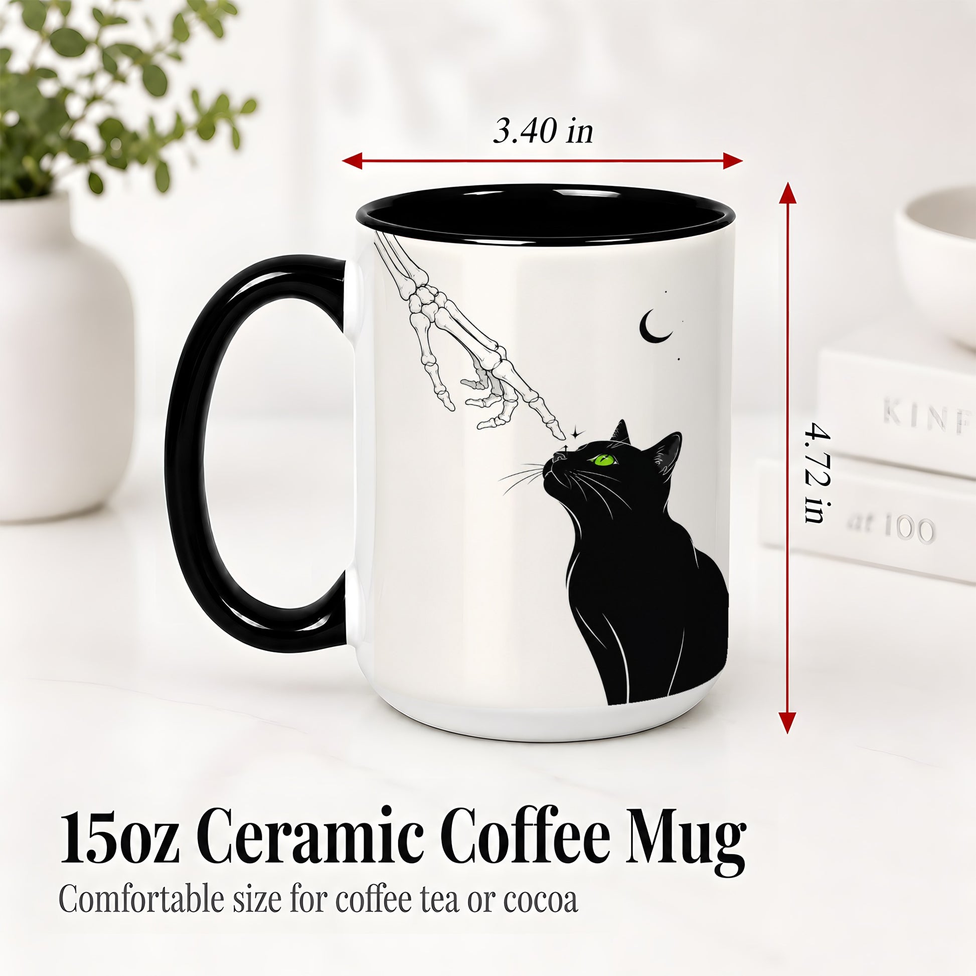 #pl[15oz|Black] Black Cat Skeleton Accent Mug, Ceramic Mug with Crescent Moon Artwork