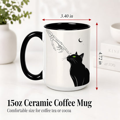 #pl[15oz|Black] Black Cat Skeleton Accent Mug, Ceramic Mug with Crescent Moon Artwork