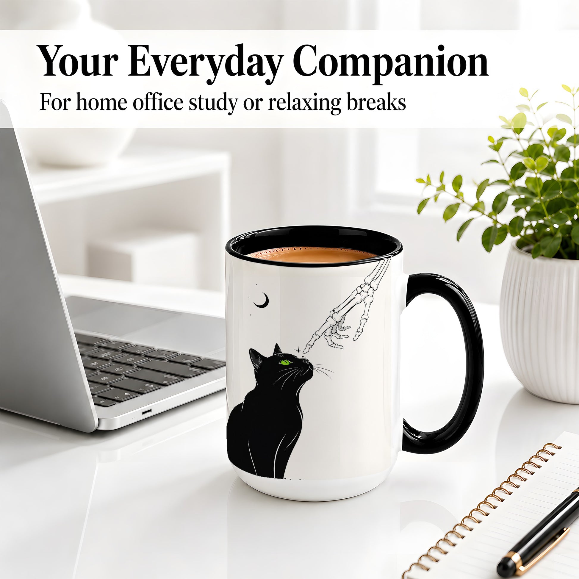 #pl[15oz|Black] Black Cat Skeleton Accent Mug, Ceramic Mug with Crescent Moon Artwork