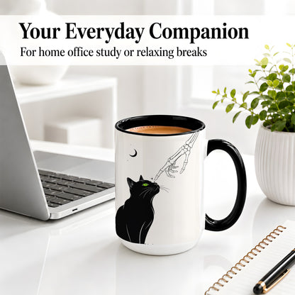 #pl[15oz|Black] Black Cat Skeleton Accent Mug, Ceramic Mug with Crescent Moon Artwork