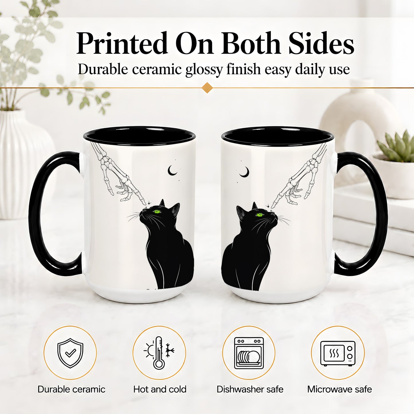 #pl[15oz|Black] Black Cat Skeleton Accent Mug, Ceramic Mug with Crescent Moon Artwork