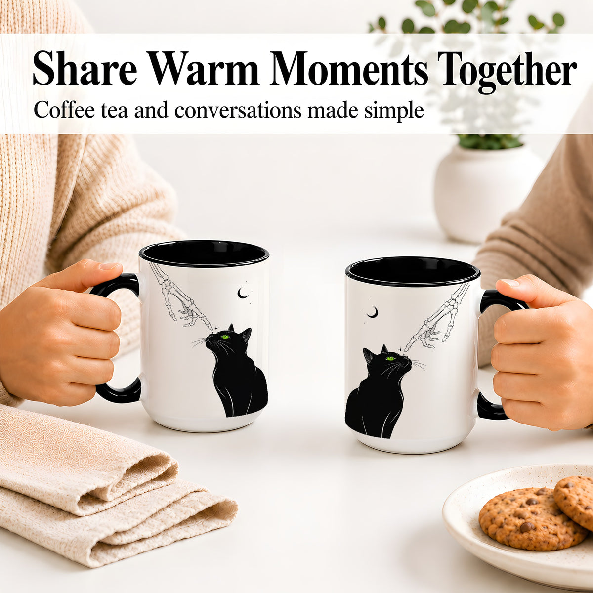 #pl[15oz|Black] Black Cat Skeleton Accent Mug, Ceramic Mug with Crescent Moon Artwork