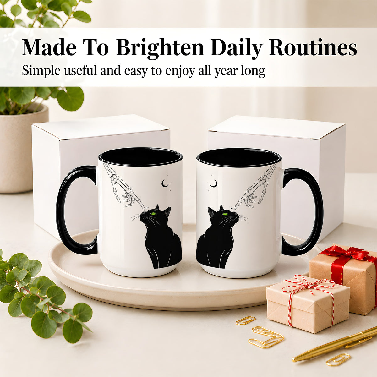 #pl[15oz|Black] Black Cat Skeleton Accent Mug, Ceramic Mug with Crescent Moon Artwork