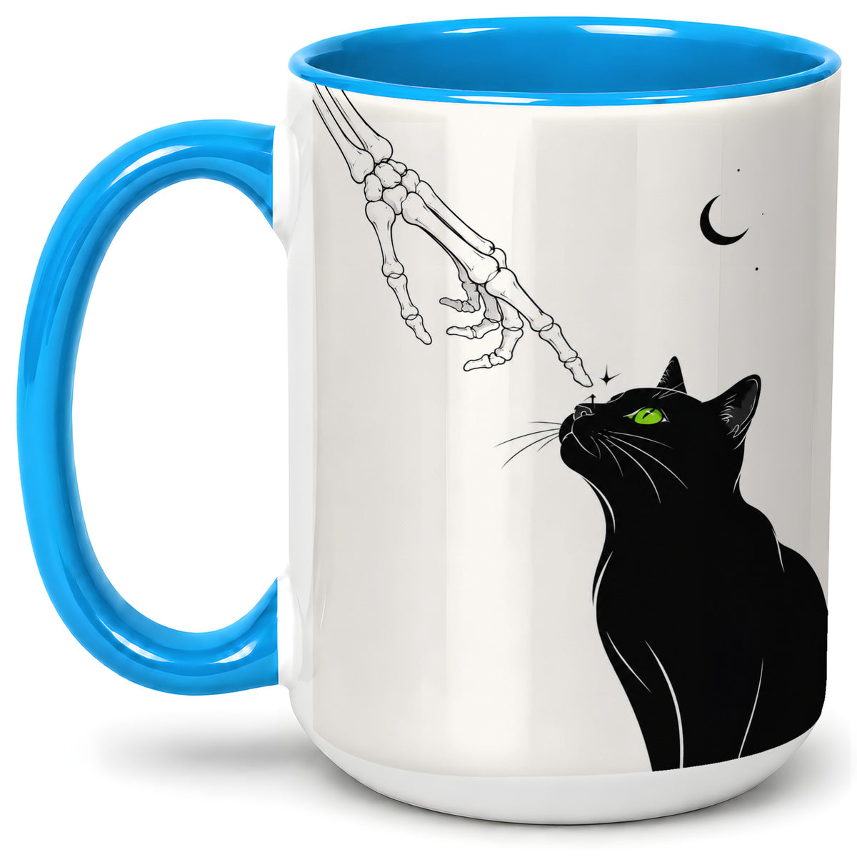 #pl[15oz|Blue] Black Cat Skeleton Accent Mug, Ceramic Mug with Crescent Moon Artwork