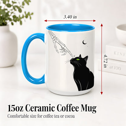 #pl[15oz|Blue] Black Cat Skeleton Accent Mug, Ceramic Mug with Crescent Moon Artwork