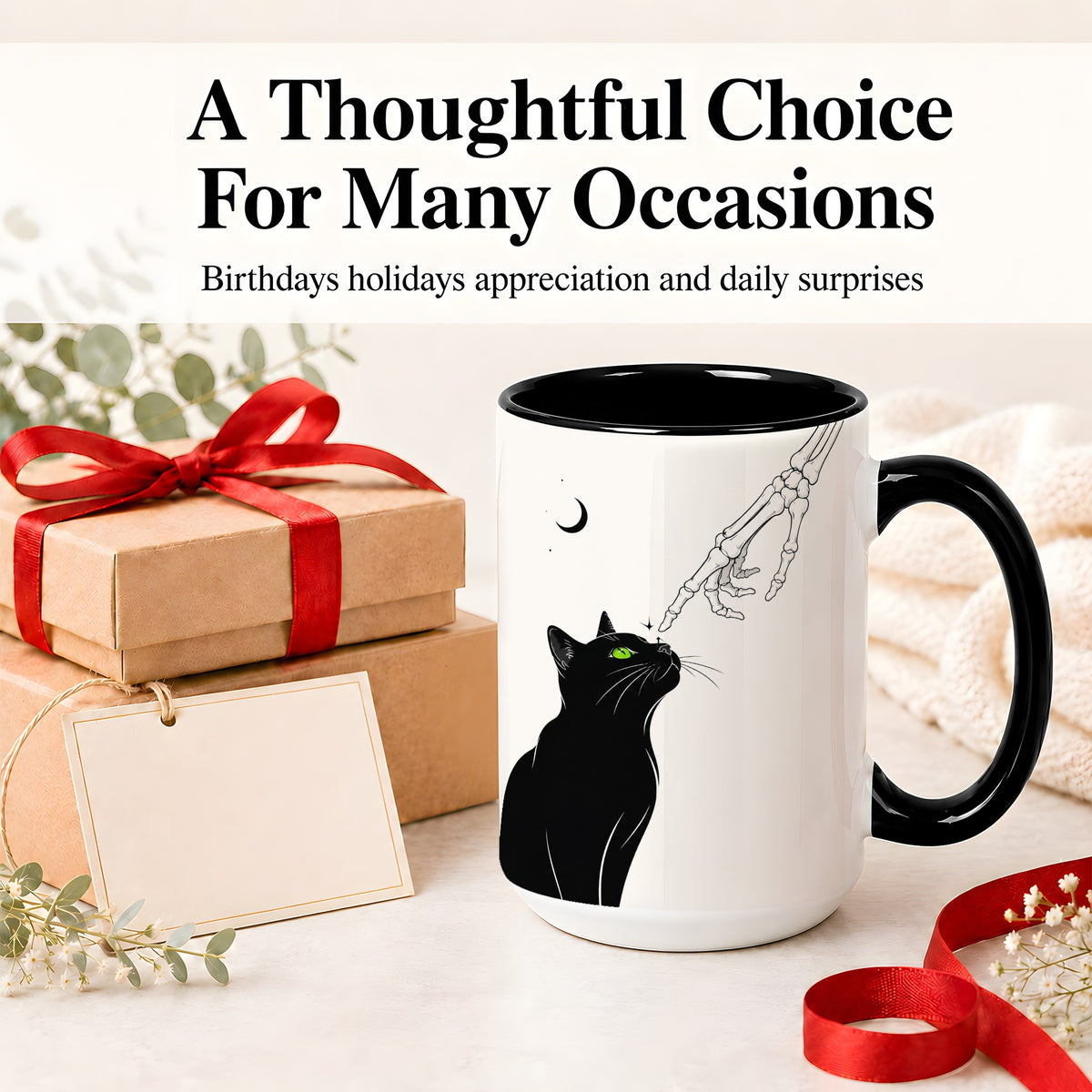 #pl[15oz|Black] Black Cat Skeleton Accent Mug, Ceramic Mug with Crescent Moon Artwork