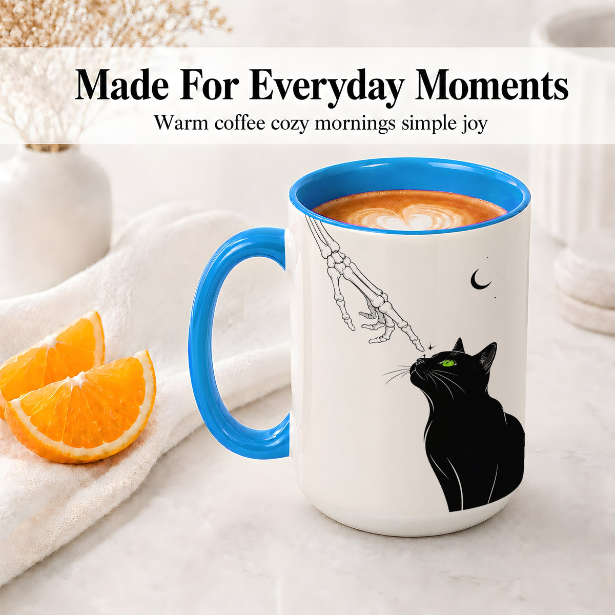 #pl[15oz|Blue] Black Cat Skeleton Accent Mug, Ceramic Mug with Crescent Moon Artwork