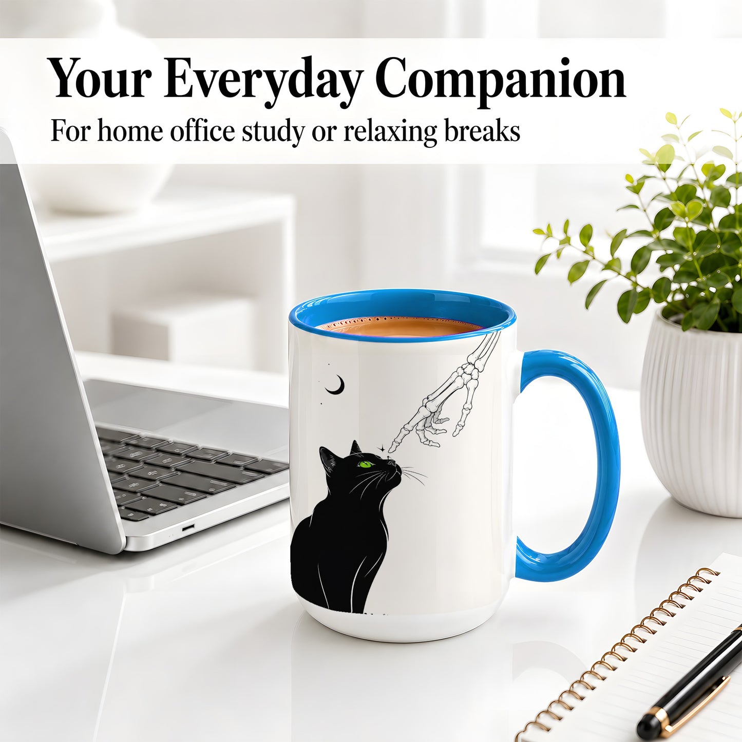 #pl[15oz|Blue] Black Cat Skeleton Accent Mug, Ceramic Mug with Crescent Moon Artwork