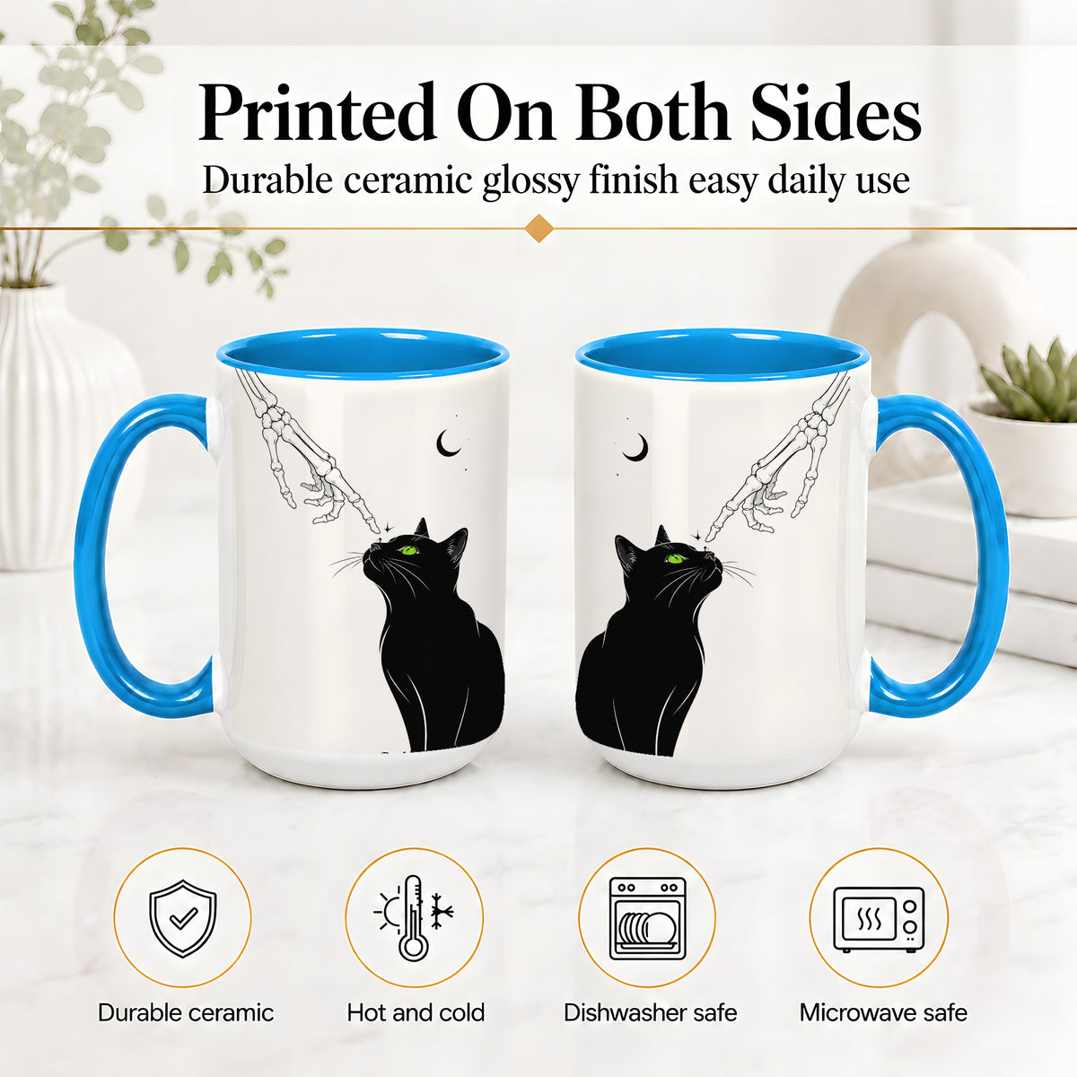 #pl[15oz|Blue] Black Cat Skeleton Accent Mug, Ceramic Mug with Crescent Moon Artwork