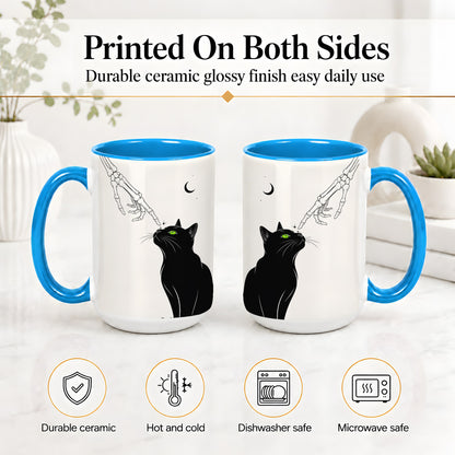 #pl[15oz|Blue] Black Cat Skeleton Accent Mug, Ceramic Mug with Crescent Moon Artwork