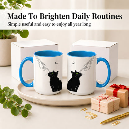 #pl[15oz|Blue] Black Cat Skeleton Accent Mug, Ceramic Mug with Crescent Moon Artwork