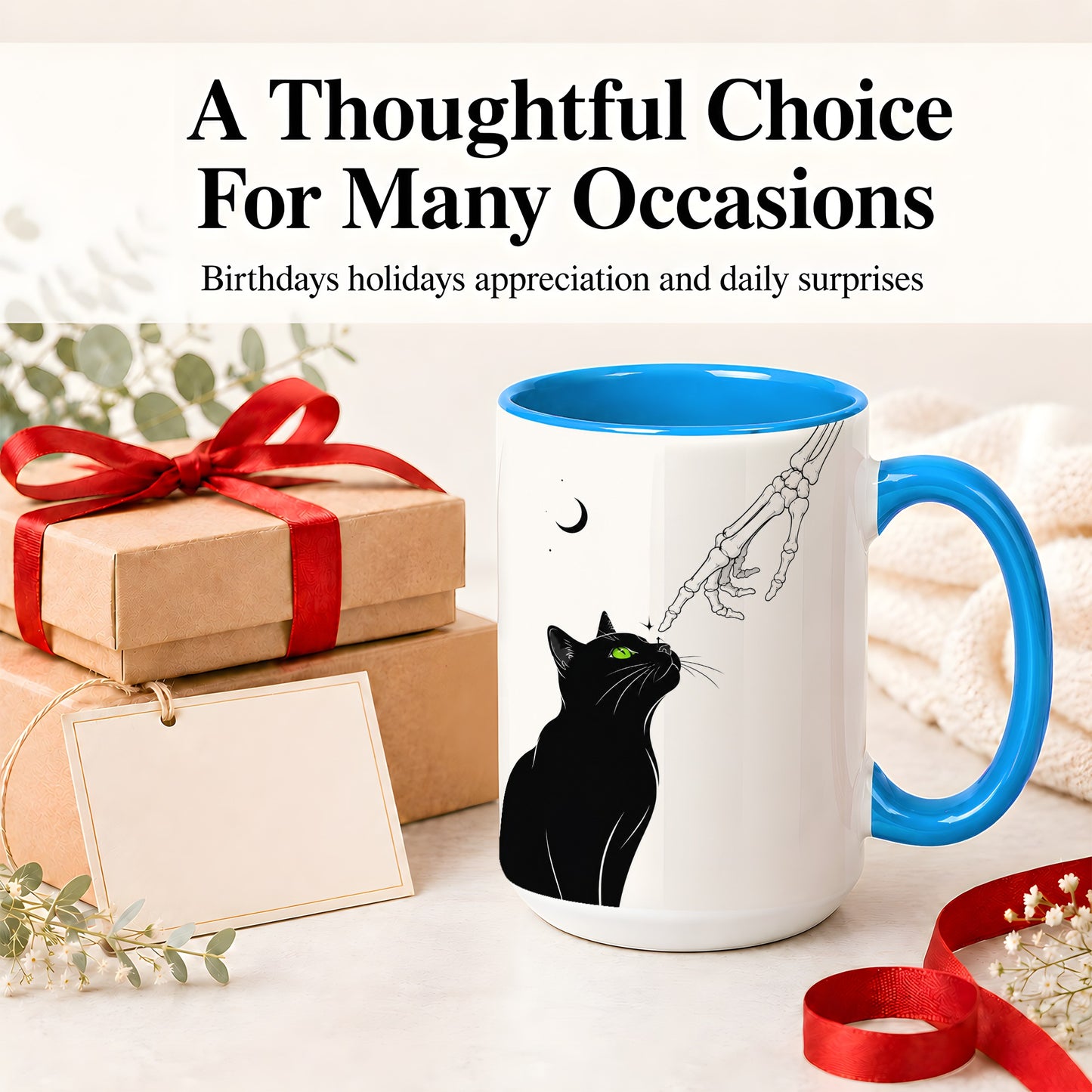 #pl[15oz|Blue] Black Cat Skeleton Accent Mug, Ceramic Mug with Crescent Moon Artwork