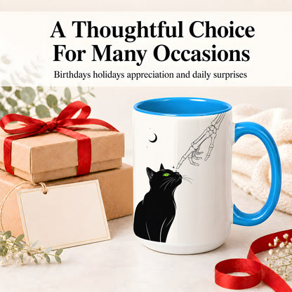 #pl[15oz|Blue] Black Cat Skeleton Accent Mug, Ceramic Mug with Crescent Moon Artwork