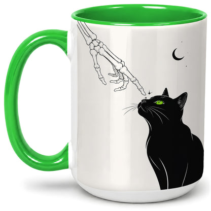 #pl[15oz|Green] Black Cat Skeleton Accent Mug, Ceramic Mug with Crescent Moon Artwork