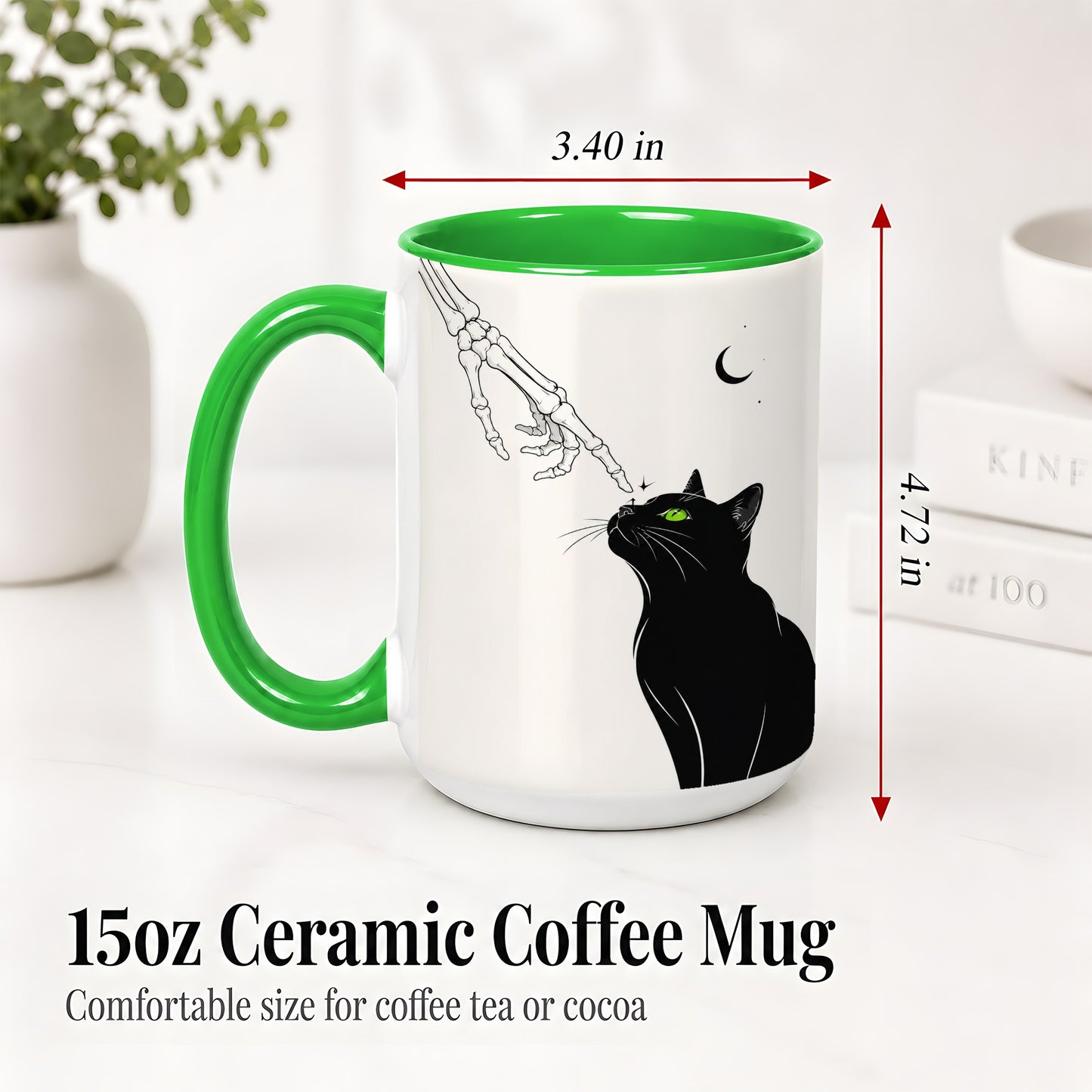 #pl[15oz|Green] Black Cat Skeleton Accent Mug, Ceramic Mug with Crescent Moon Artwork