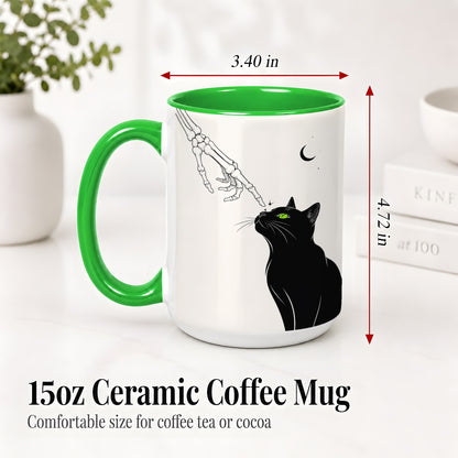 #pl[15oz|Green] Black Cat Skeleton Accent Mug, Ceramic Mug with Crescent Moon Artwork