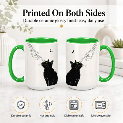 #pl[15oz|Green] Black Cat Skeleton Accent Mug, Ceramic Mug with Crescent Moon Artwork