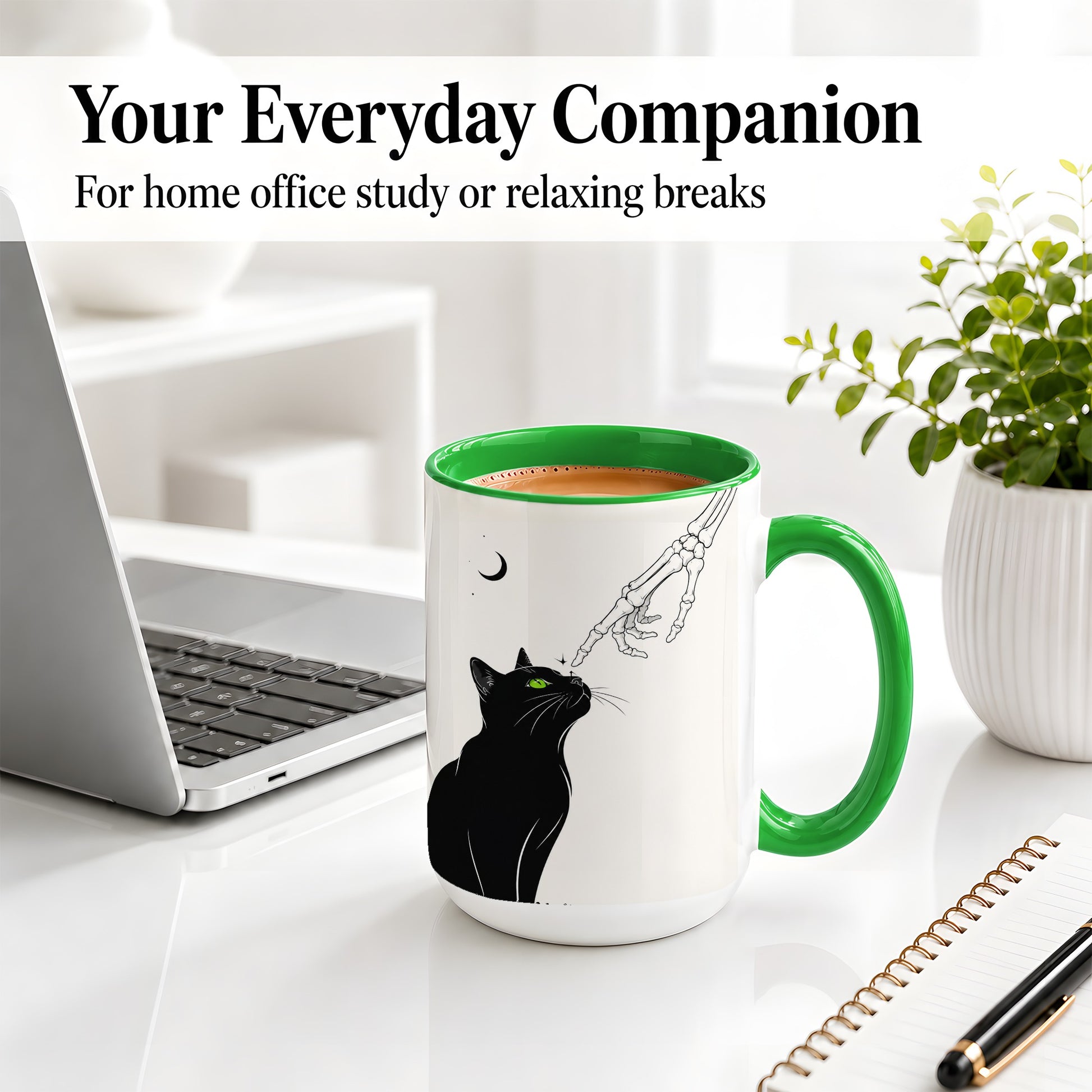 #pl[15oz|Green] Black Cat Skeleton Accent Mug, Ceramic Mug with Crescent Moon Artwork