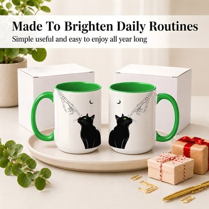 #pl[15oz|Green] Black Cat Skeleton Accent Mug, Ceramic Mug with Crescent Moon Artwork