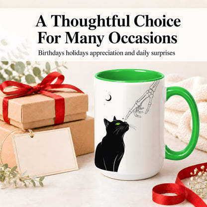 #pl[15oz|Green] Black Cat Skeleton Accent Mug, Ceramic Mug with Crescent Moon Artwork