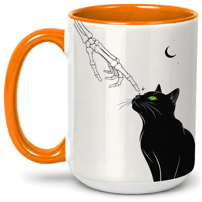 #pl[15oz|Orange] Black Cat Skeleton Accent Mug, Ceramic Mug with Crescent Moon Artwork