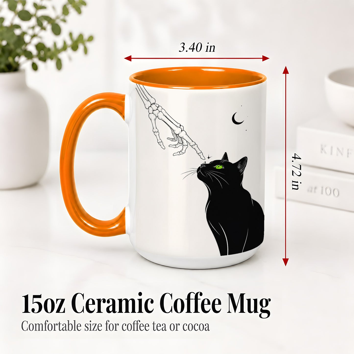 #pl[15oz|Orange] Black Cat Skeleton Accent Mug, Ceramic Mug with Crescent Moon Artwork