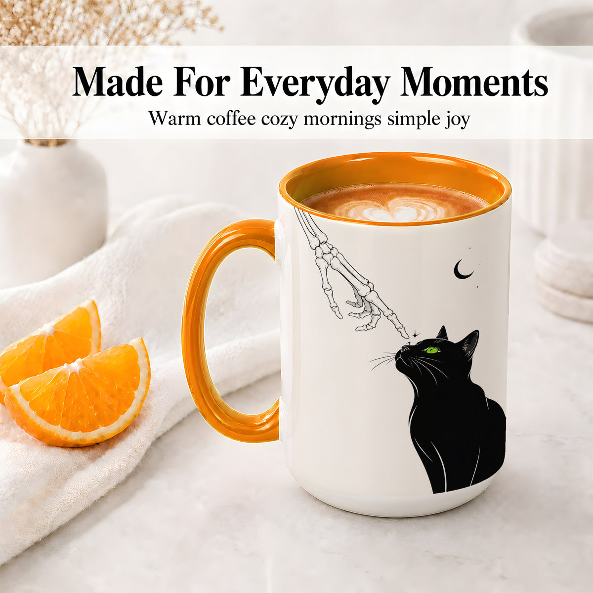 #pl[15oz|Orange] Black Cat Skeleton Accent Mug, Ceramic Mug with Crescent Moon Artwork