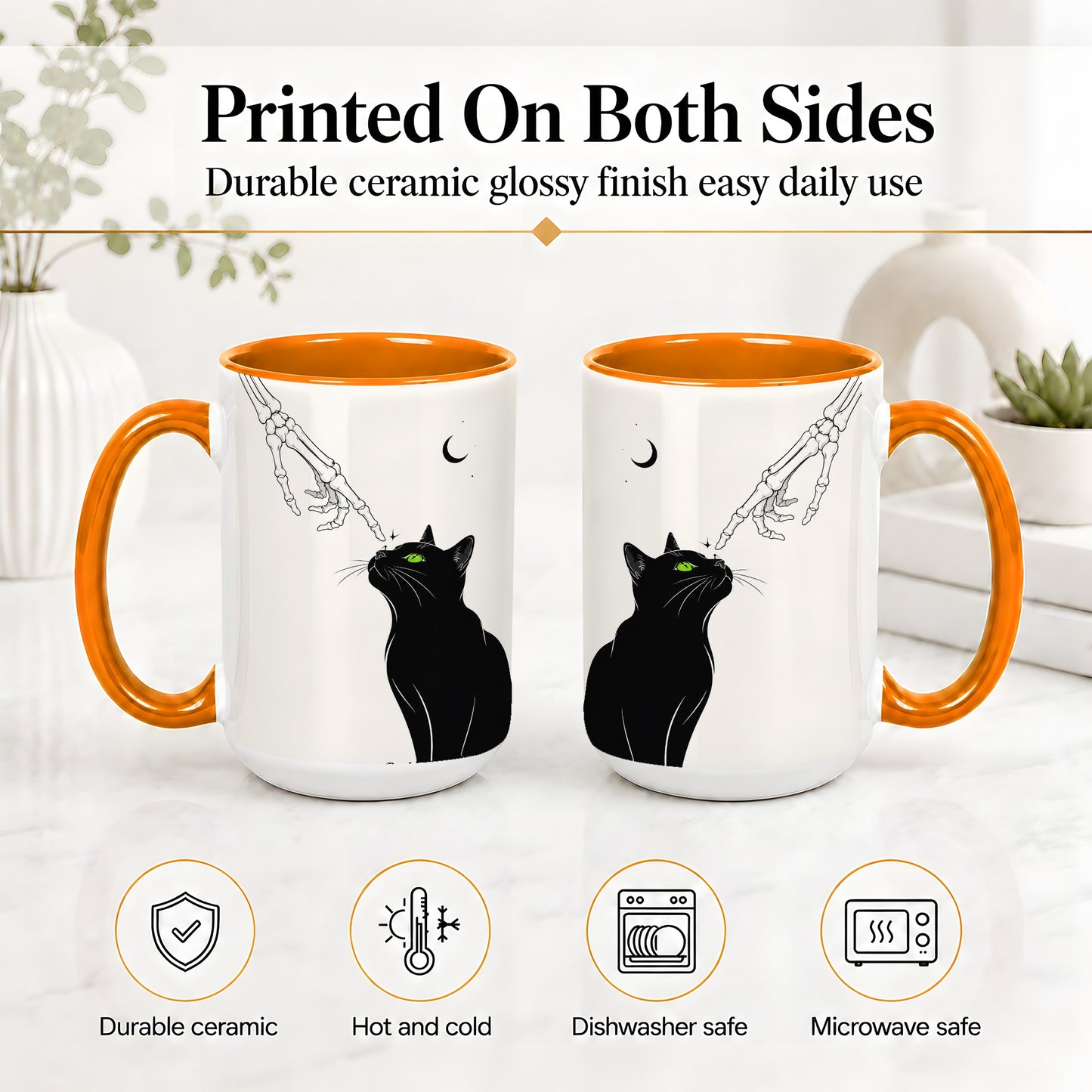 #pl[15oz|Orange] Black Cat Skeleton Accent Mug, Ceramic Mug with Crescent Moon Artwork