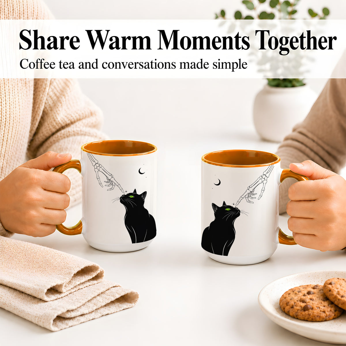 #pl[15oz|Orange] Black Cat Skeleton Accent Mug, Ceramic Mug with Crescent Moon Artwork