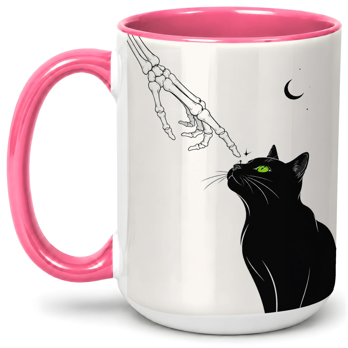 #pl[15oz|Pink] Black Cat Skeleton Accent Mug, Ceramic Mug with Crescent Moon Artwork