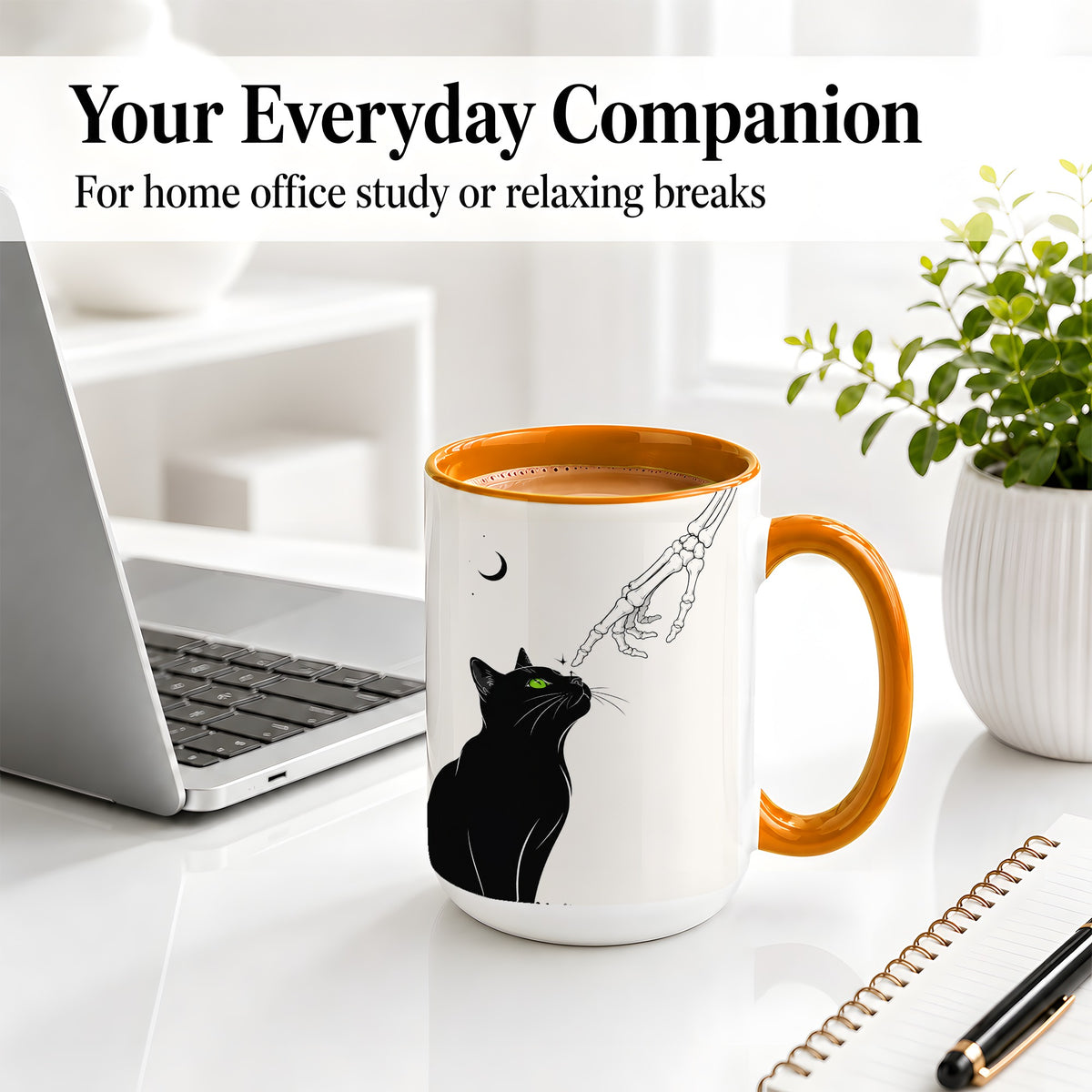 #pl[15oz|Orange] Black Cat Skeleton Accent Mug, Ceramic Mug with Crescent Moon Artwork