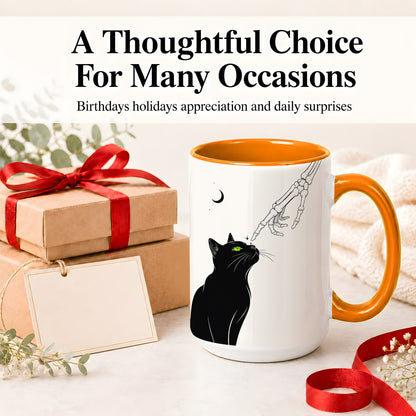 #pl[15oz|Orange] Black Cat Skeleton Accent Mug, Ceramic Mug with Crescent Moon Artwork