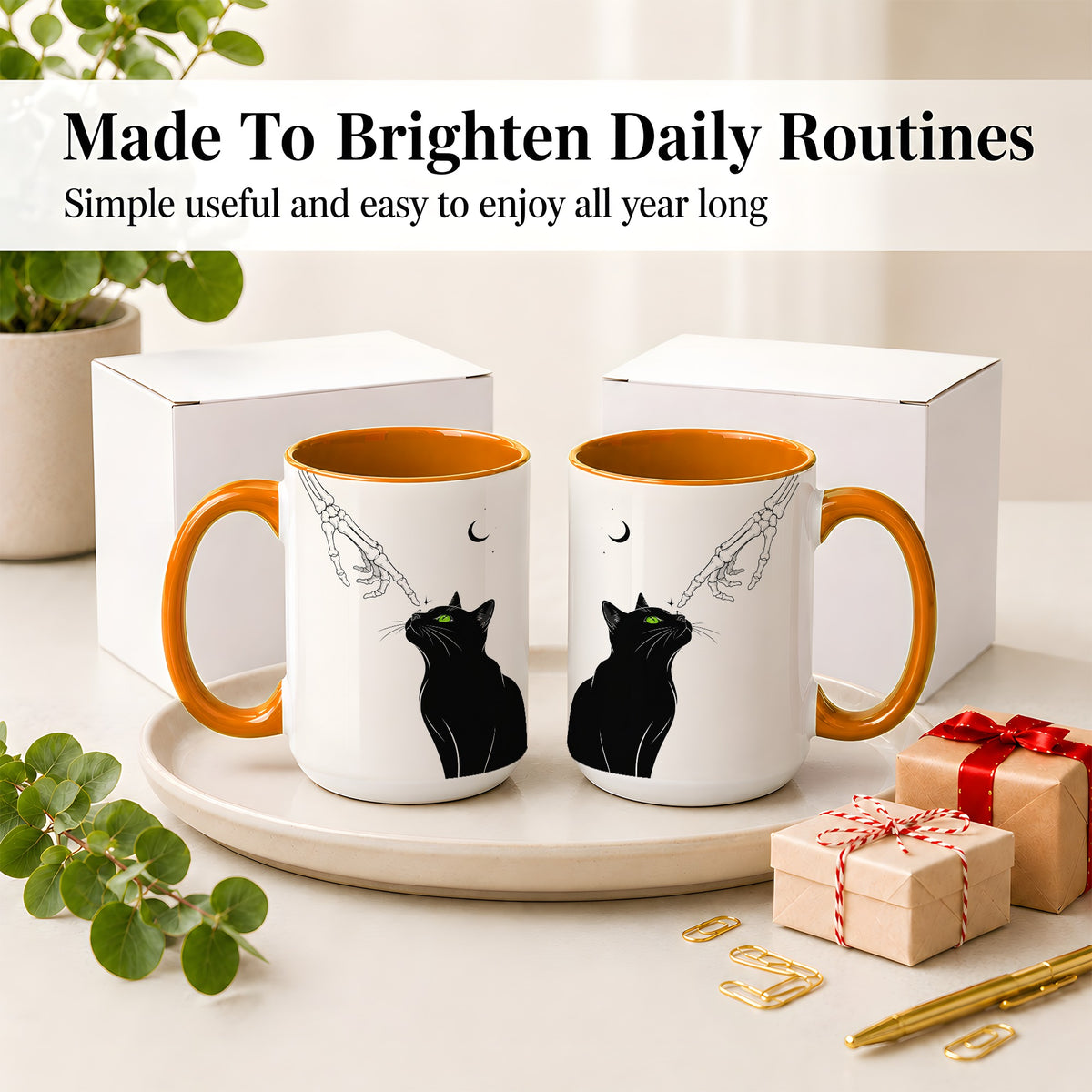 #pl[15oz|Orange] Black Cat Skeleton Accent Mug, Ceramic Mug with Crescent Moon Artwork