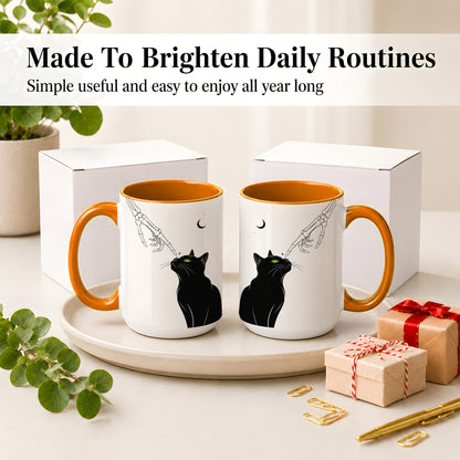 #pl[15oz|Orange] Black Cat Skeleton Accent Mug, Ceramic Mug with Crescent Moon Artwork
