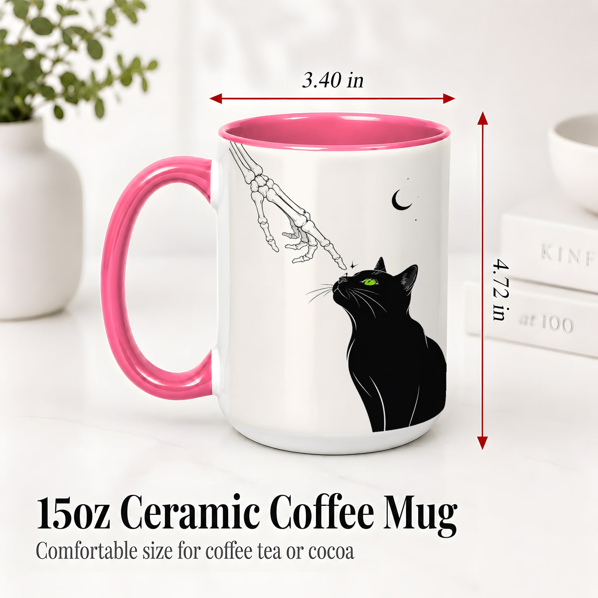 #pl[15oz|Pink] Black Cat Skeleton Accent Mug, Ceramic Mug with Crescent Moon Artwork