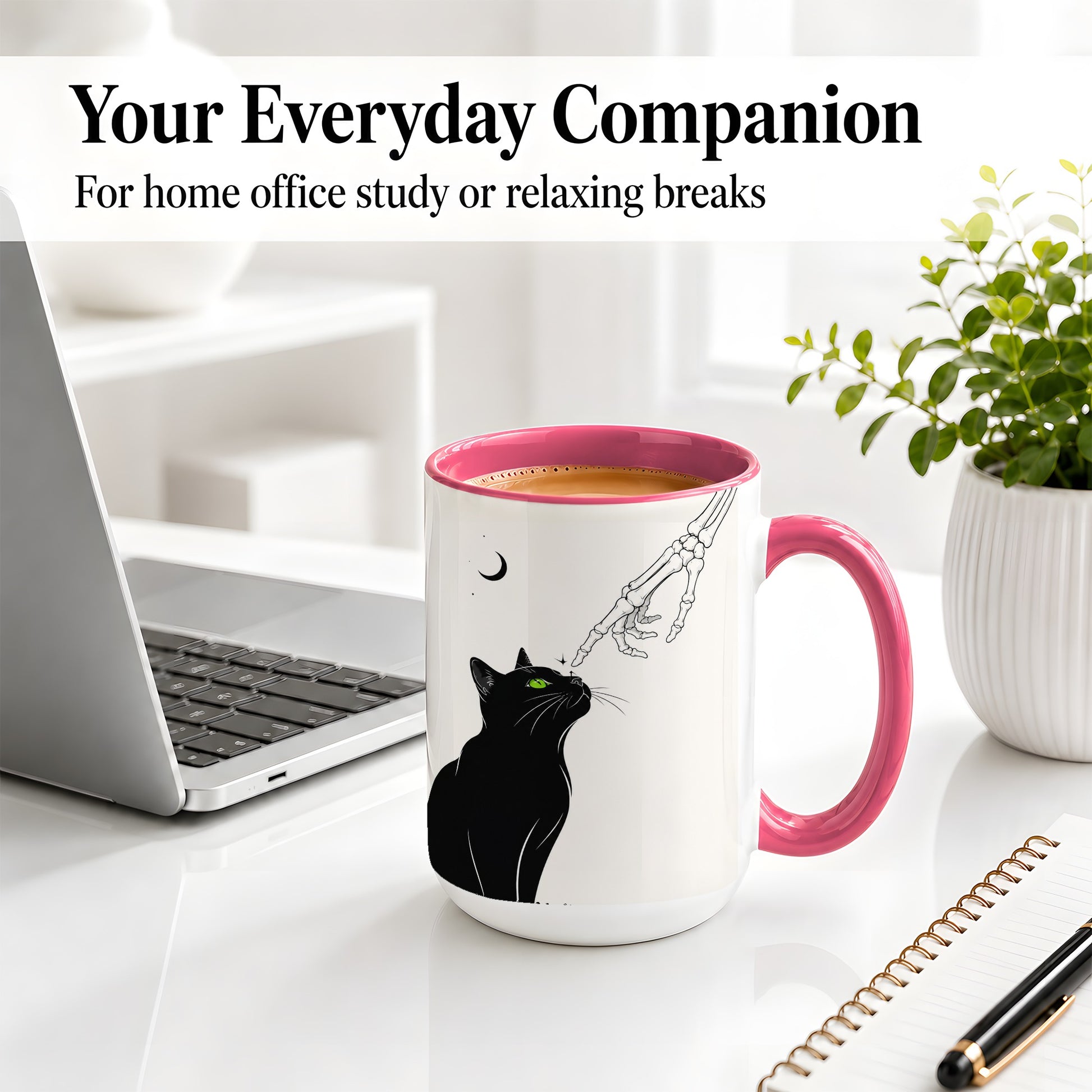 #pl[15oz|Pink] Black Cat Skeleton Accent Mug, Ceramic Mug with Crescent Moon Artwork