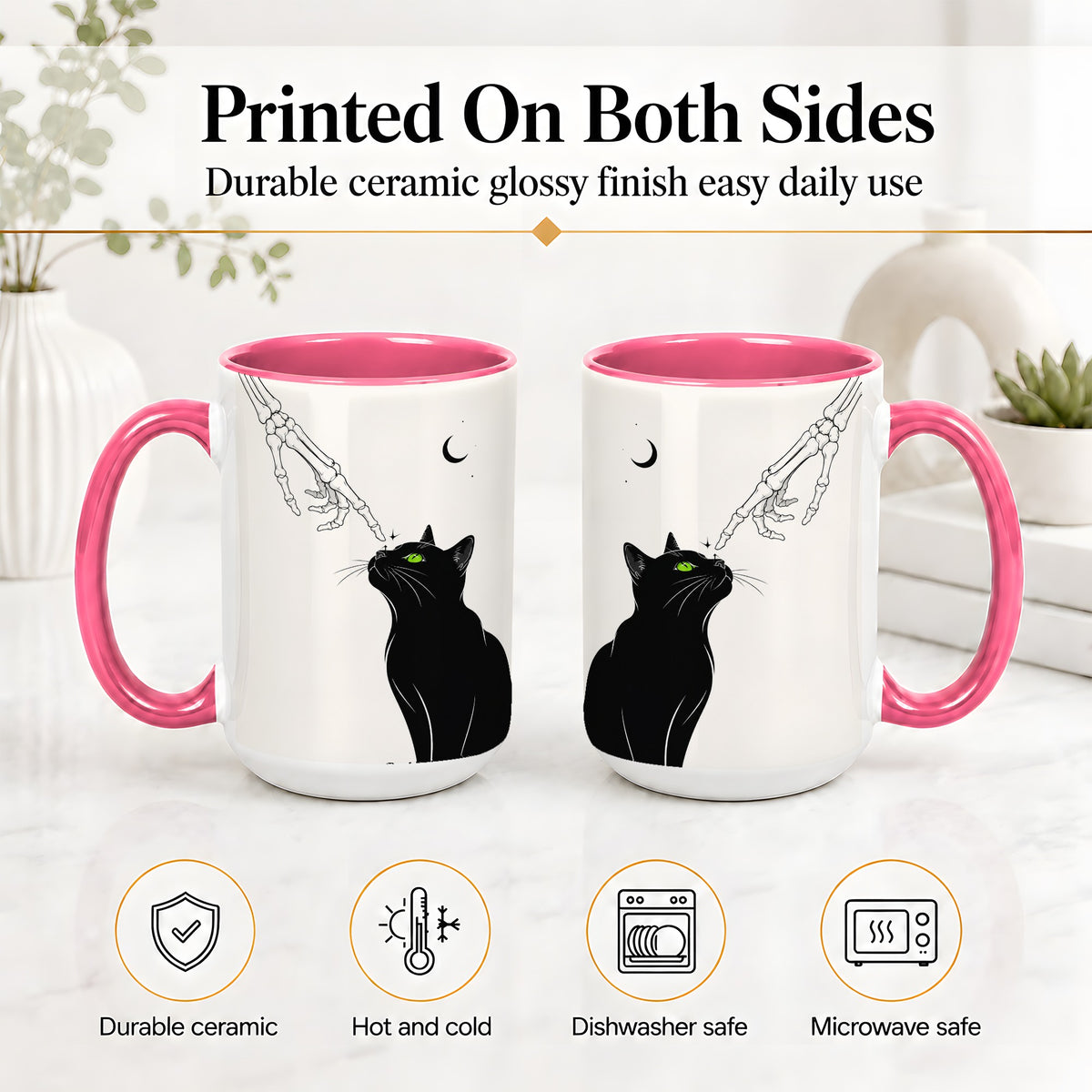 #pl[15oz|Pink] Black Cat Skeleton Accent Mug, Ceramic Mug with Crescent Moon Artwork