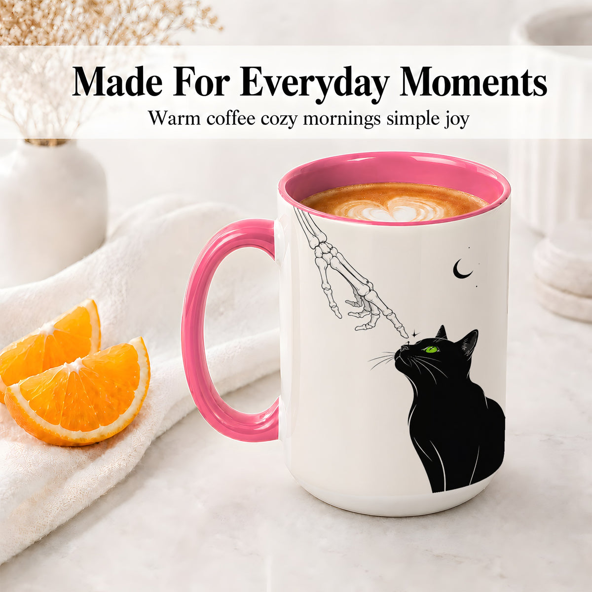 #pl[15oz|Pink] Black Cat Skeleton Accent Mug, Ceramic Mug with Crescent Moon Artwork
