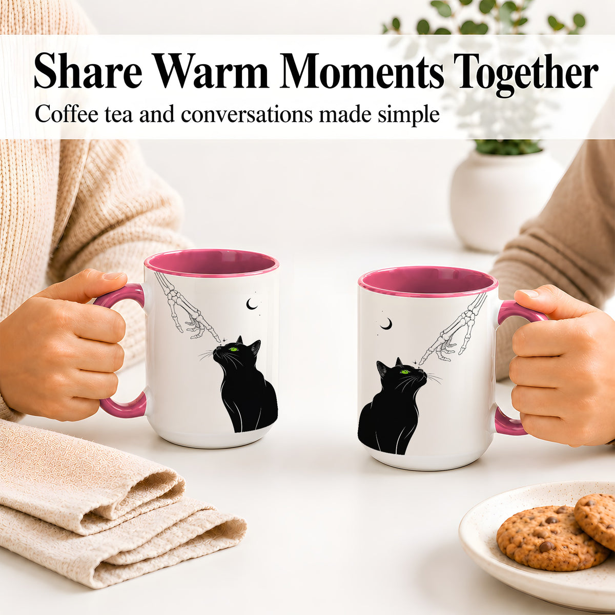 #pl[15oz|Pink] Black Cat Skeleton Accent Mug, Ceramic Mug with Crescent Moon Artwork