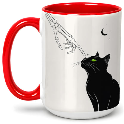 #pl[15oz|Red] Black Cat Skeleton Accent Mug, Ceramic Mug with Crescent Moon Artwork