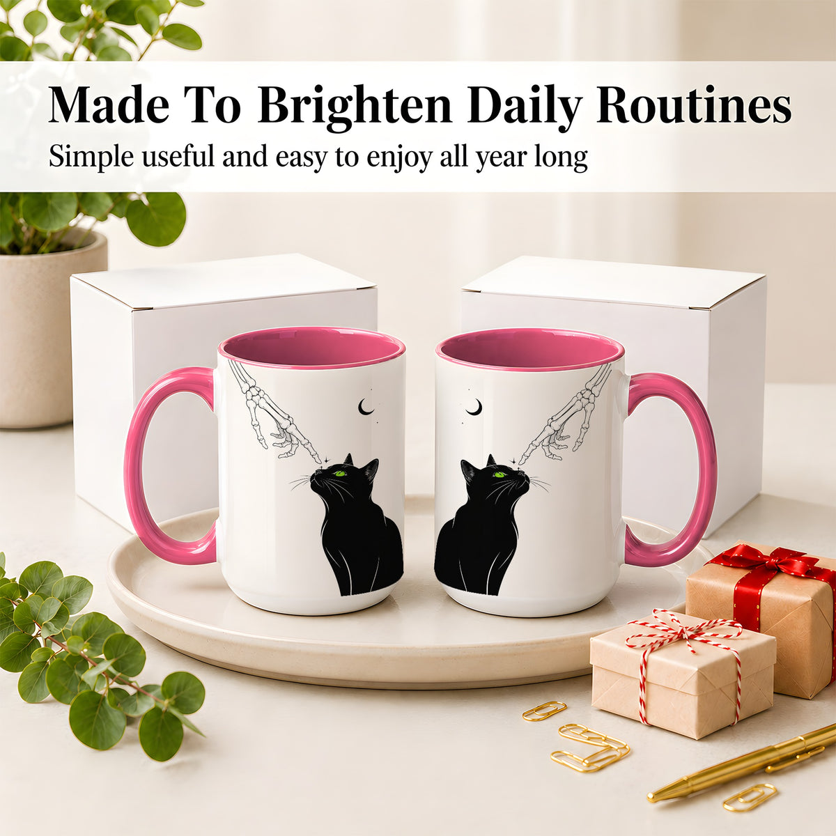 #pl[15oz|Pink] Black Cat Skeleton Accent Mug, Ceramic Mug with Crescent Moon Artwork