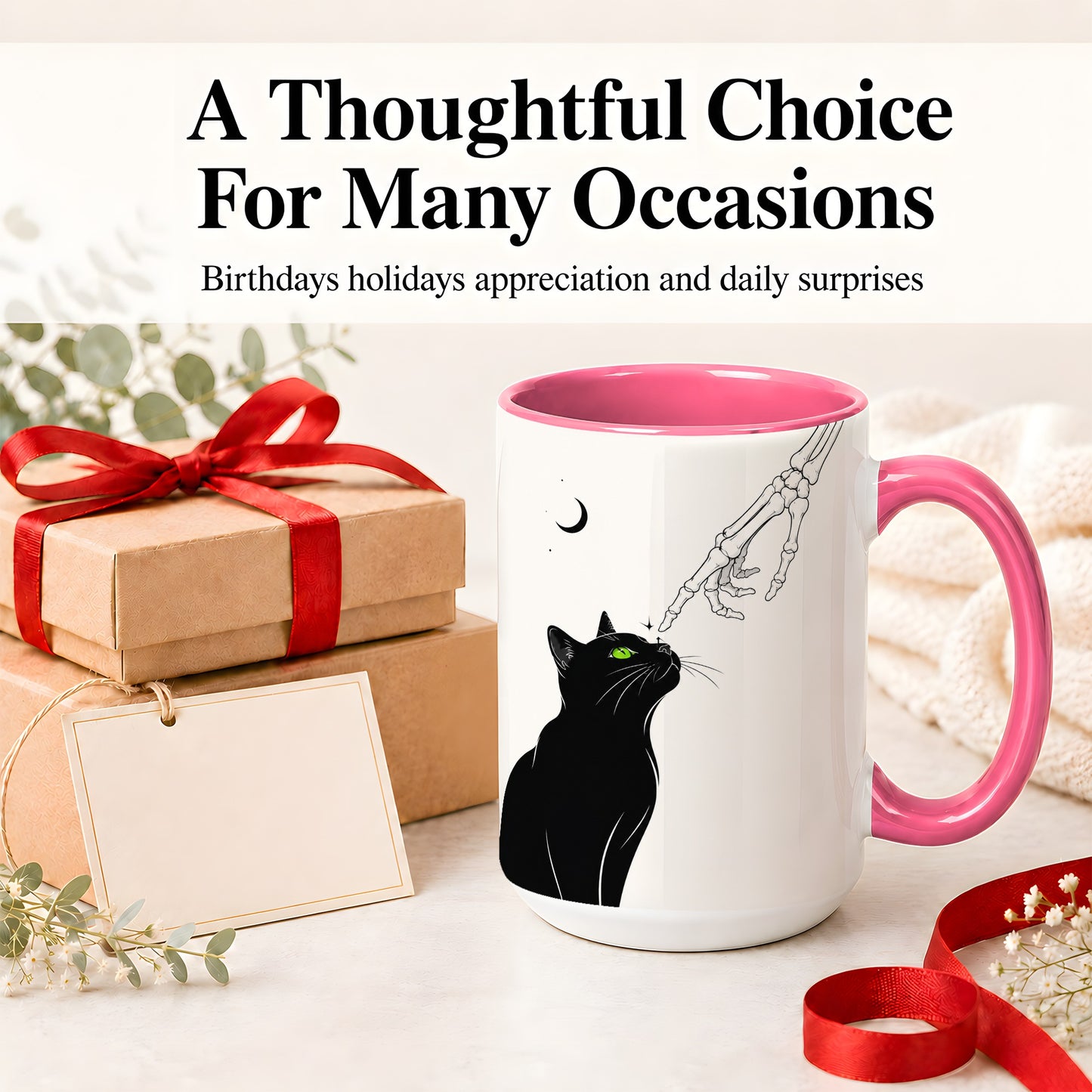 #pl[15oz|Pink] Black Cat Skeleton Accent Mug, Ceramic Mug with Crescent Moon Artwork