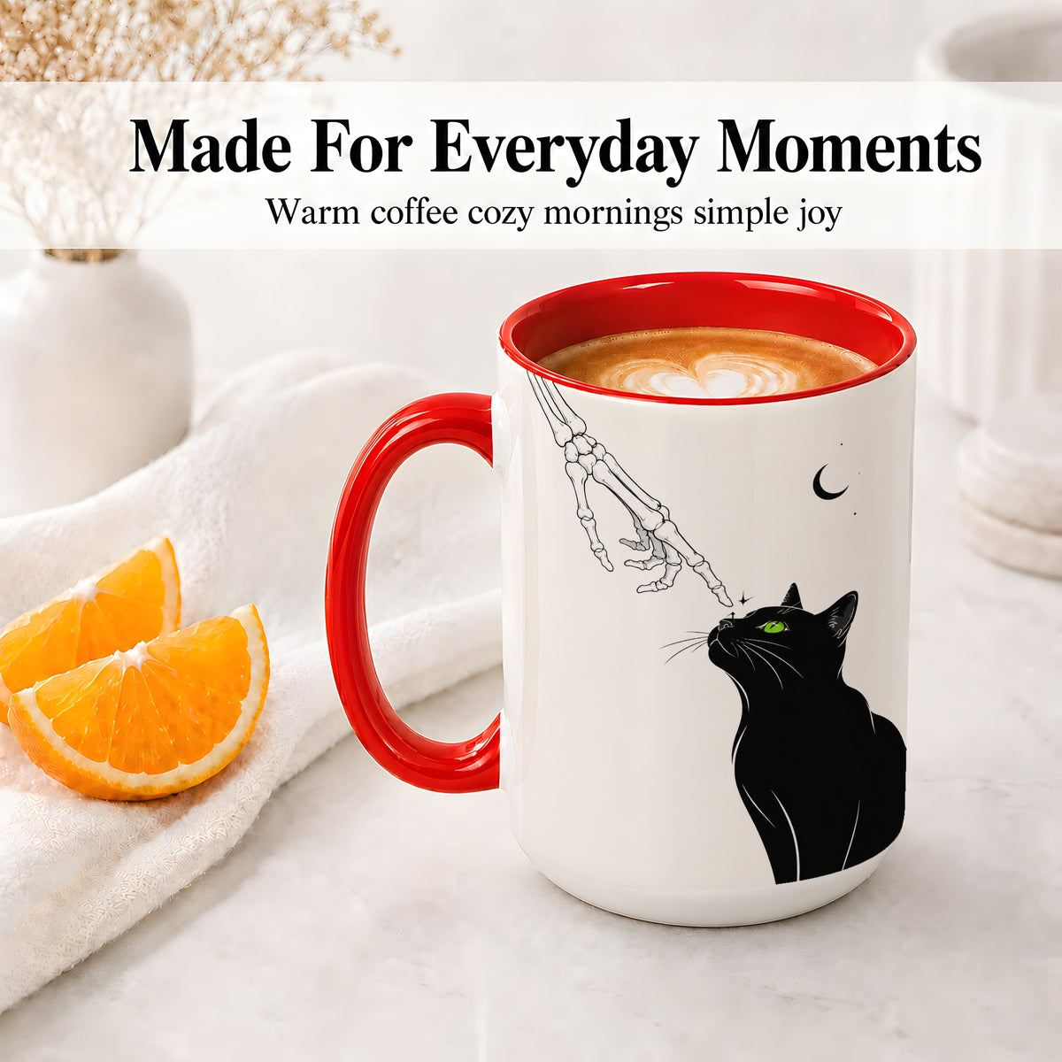 #pl[15oz|Red] Black Cat Skeleton Accent Mug, Ceramic Mug with Crescent Moon Artwork