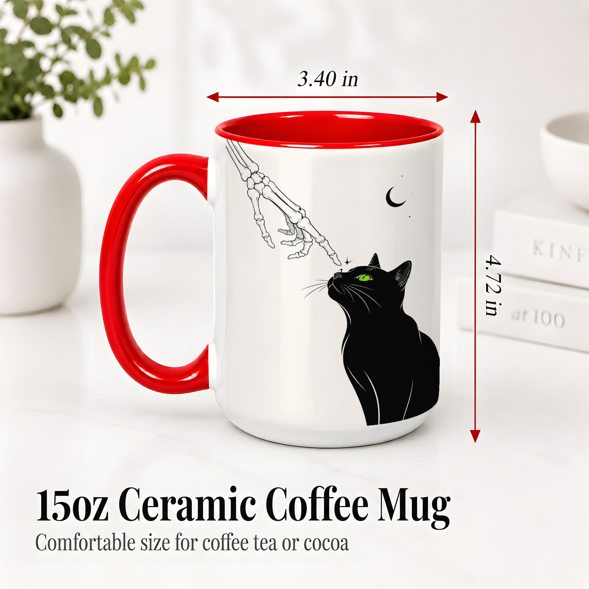 #pl[15oz|Red] Black Cat Skeleton Accent Mug, Ceramic Mug with Crescent Moon Artwork
