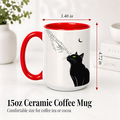 #pl[15oz|Red] Black Cat Skeleton Accent Mug, Ceramic Mug with Crescent Moon Artwork