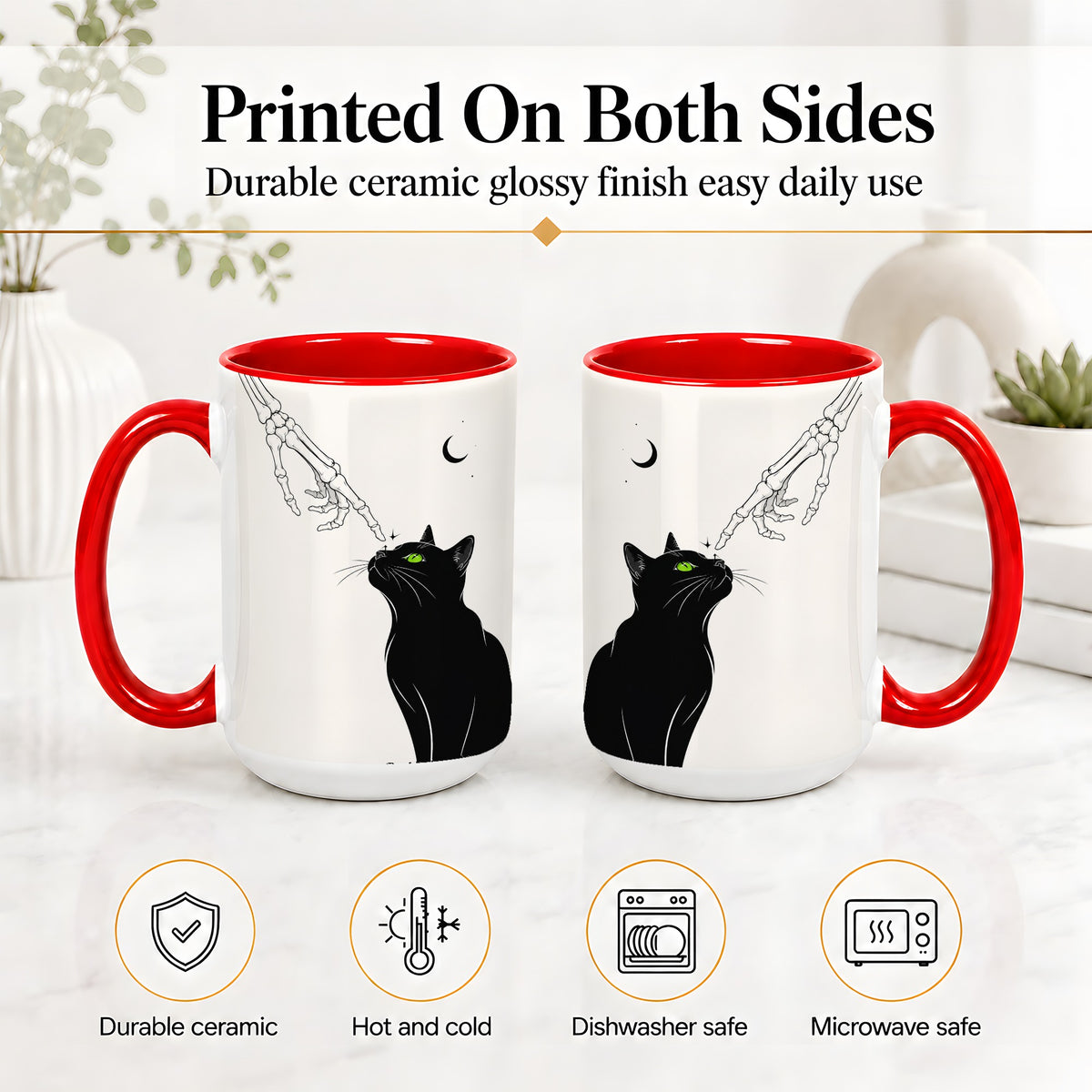 #pl[15oz|Red] Black Cat Skeleton Accent Mug, Ceramic Mug with Crescent Moon Artwork