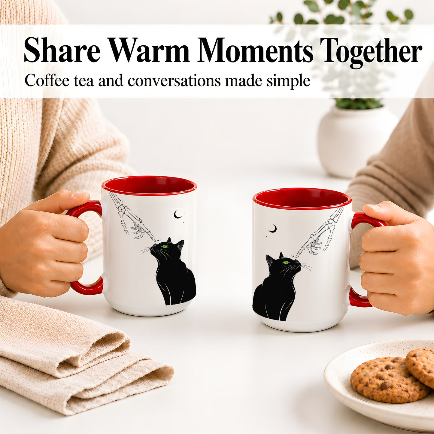 #pl[15oz|Red] Black Cat Skeleton Accent Mug, Ceramic Mug with Crescent Moon Artwork