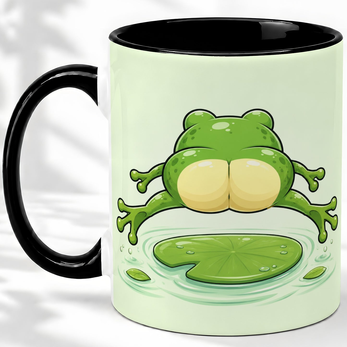 #pl[11oz|Black] Funny Frog Butt Ceramic Mug, Green Cartoon Art for Frog Lovers