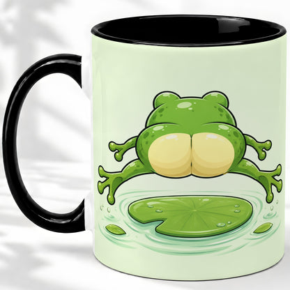 #pl[11oz|Black] Funny Frog Butt Ceramic Mug, Green Cartoon Art for Frog Lovers